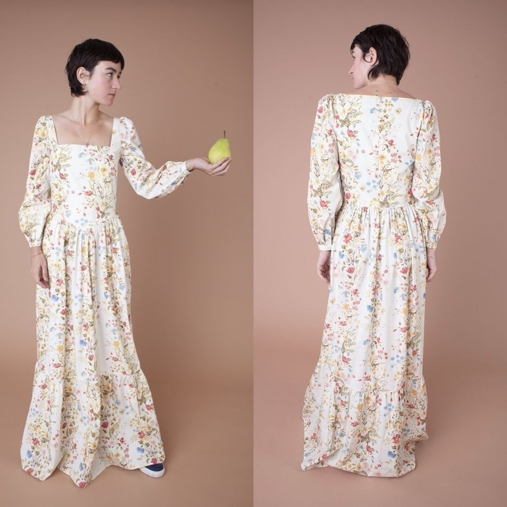 Meadows Marigold Maxi Dress Meadow Flowers Cream Cotton Poplin Cottagecore 2 - Picture 3 of 13